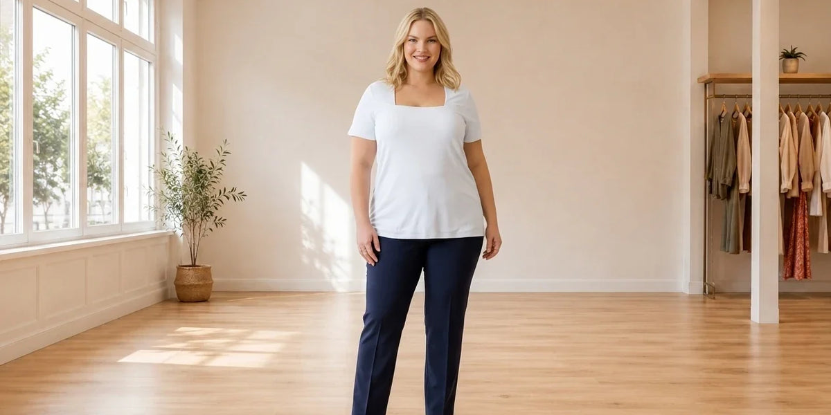Model wearing Women's Plus 1X Tops Women's Plus Square-Neck Ribbed Top in Online Warehouse Sale boutique studio