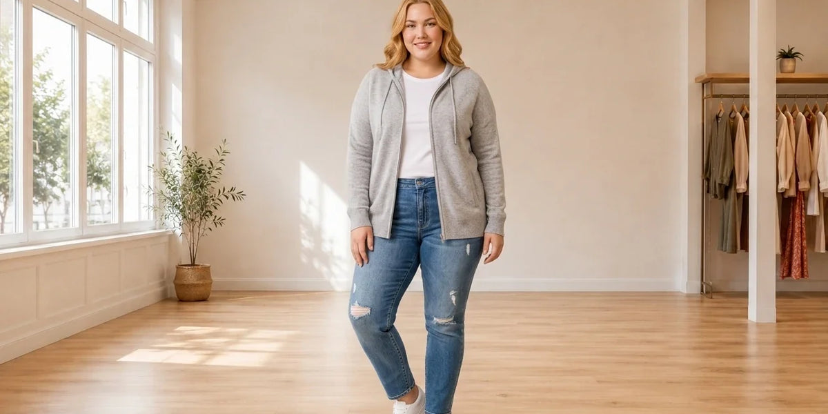 Model wearing Women's Plus 2X Hoodies and Sweatshirts Women's Plus Cashmere Zip-Up Hoodie in Online Warehouse Sale boutique studio