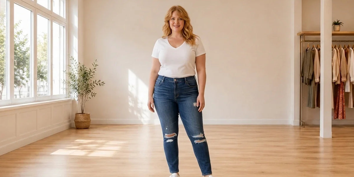 Model wearing Women's Plus 2X Jeans Women's Plus Trendy 721 Ripped Skinny Jeans in Online Warehouse Sale boutique studio
