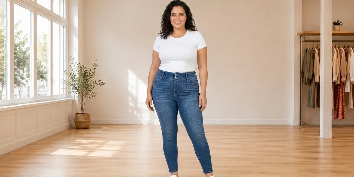 Model wearing Women's Plus 2X Pants Women's Plus Trendy Double-Button Skinny Jeans in Online Warehouse Sale boutique studio