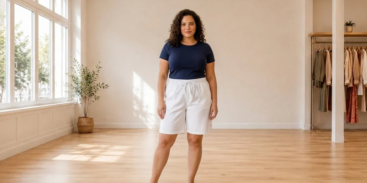 Model wearing Women's Plus 2X Shorts Women's Plus Lisa Cotton Drawstring-Waist Shorts in Online Warehouse Sale boutique studio
