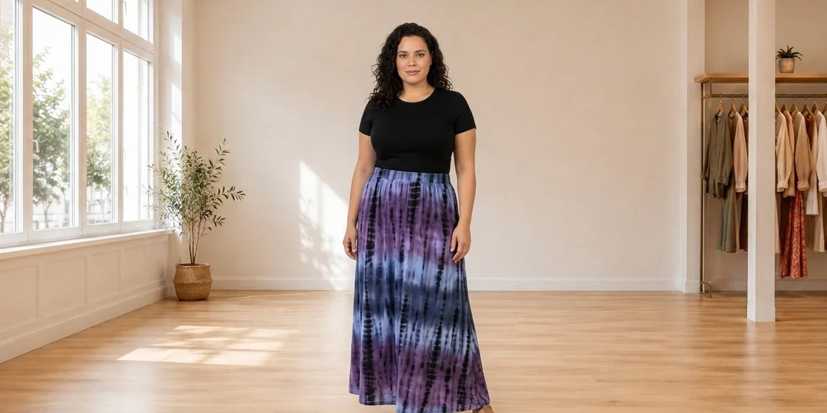 Model wearing Women's Plus 2X Skirts Women's Plus Embroidered Denim Skirt in Online Warehouse Sale boutique studio