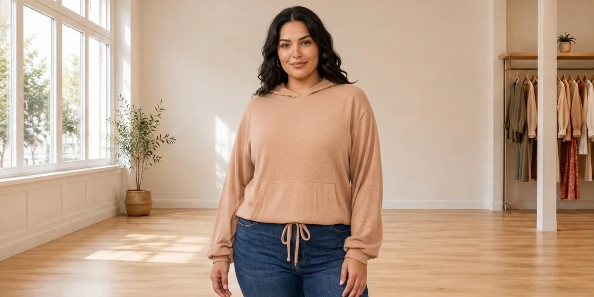 Model wearing Women's Plus 2X Sweaters and Cardigans Women's Plus Trendy Cozy Hoodie Top in Online Warehouse Sale boutique studio