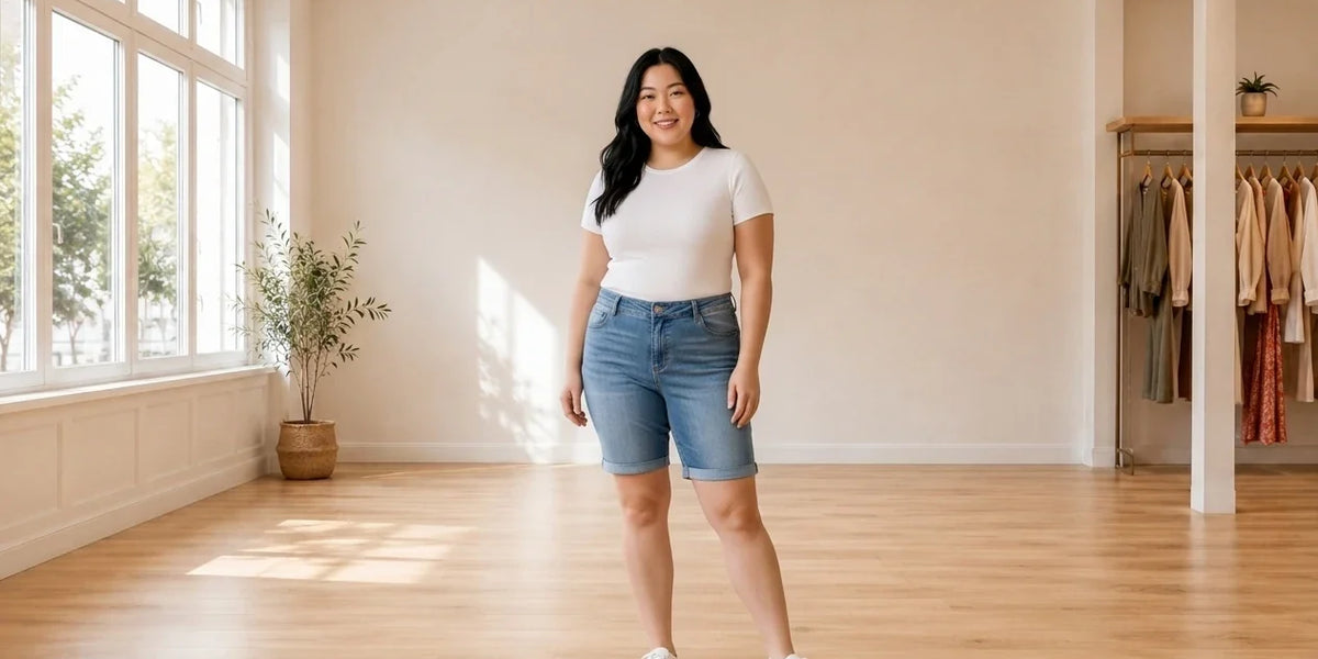 Model wearing Women's Plus 3X Bottoms Women's Plus Trendy Denim Bermuda Shorts in Online Warehouse Sale boutique studio