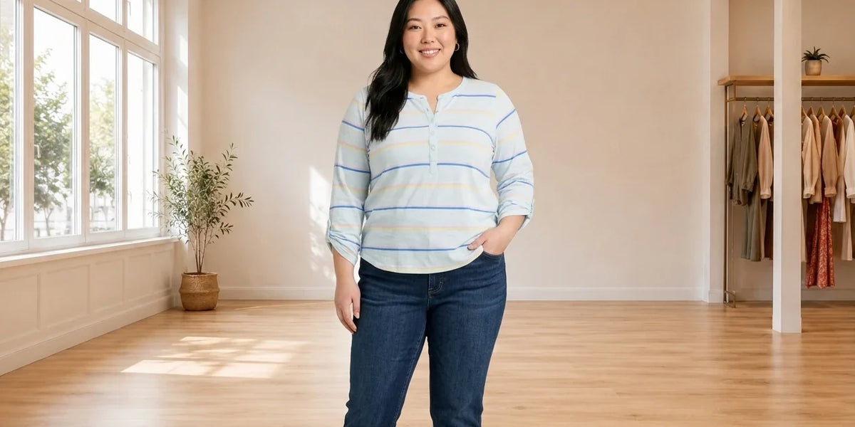 Model wearing Women's Plus 3X Tops Women's Plus Cotton Striped Roll-Tab Top in Online Warehouse Sale boutique studio