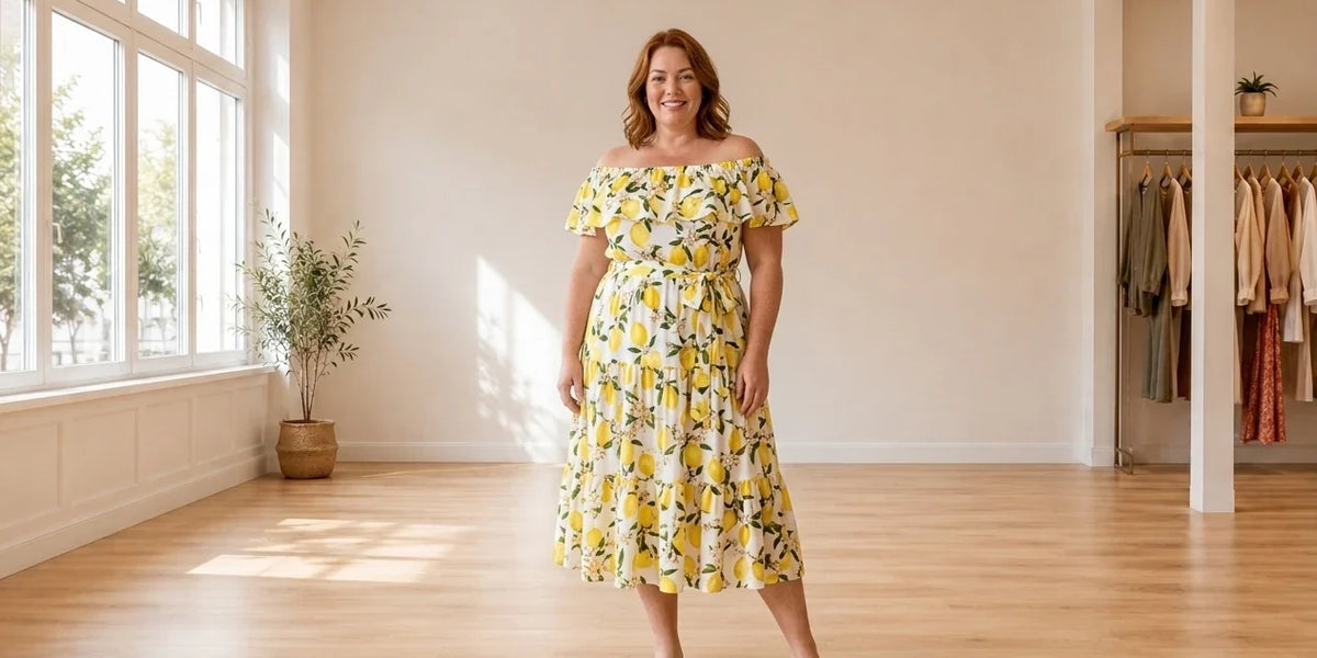 Model wearing Women's Plus 4X Dresses Women's Plus Jeannie Mai X Off-the-Shoulder Dress in Online Warehouse Sale boutique studio