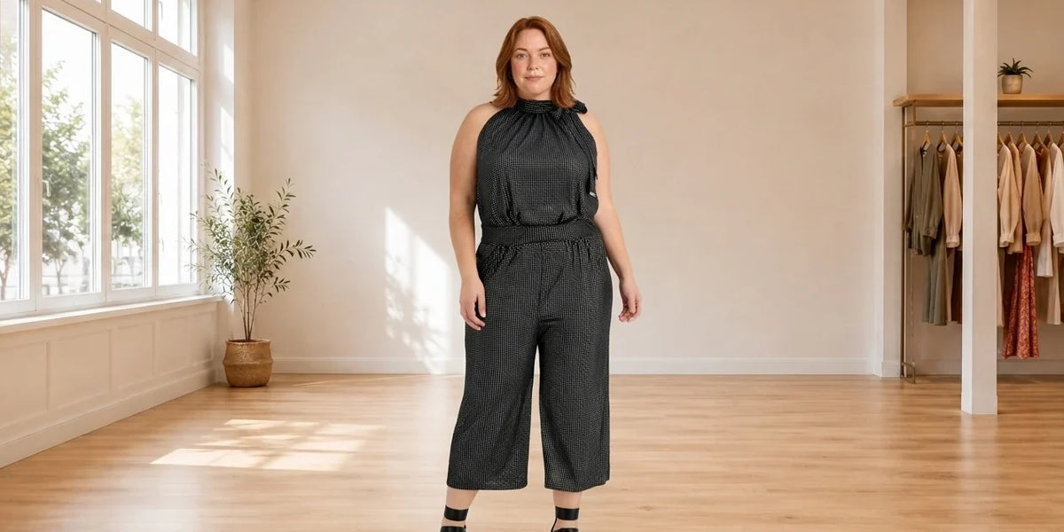 Model wearing Women's Plus 4X Jumpsuits and Rompers Women's Plus Tie-Neck Dot-Print Jumpsuit in Online Warehouse Sale boutique studio