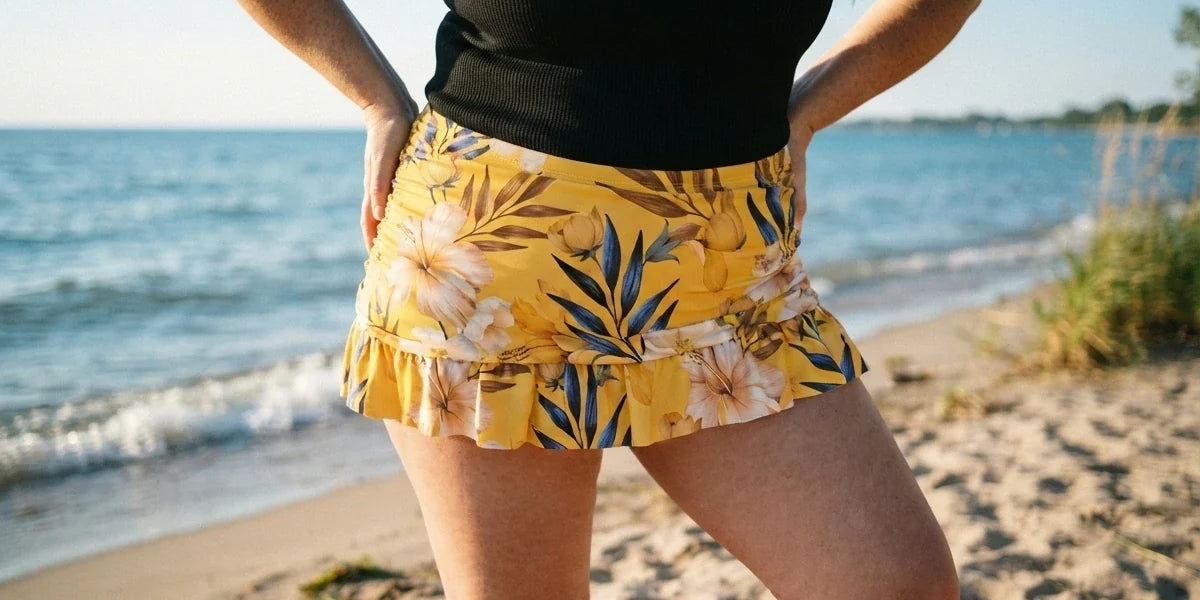 A woman standing on a sandy beach wearing a black ribbed tank top and a yellow ruffled mini skirt with a tropical floral print, with the ocean in the background.