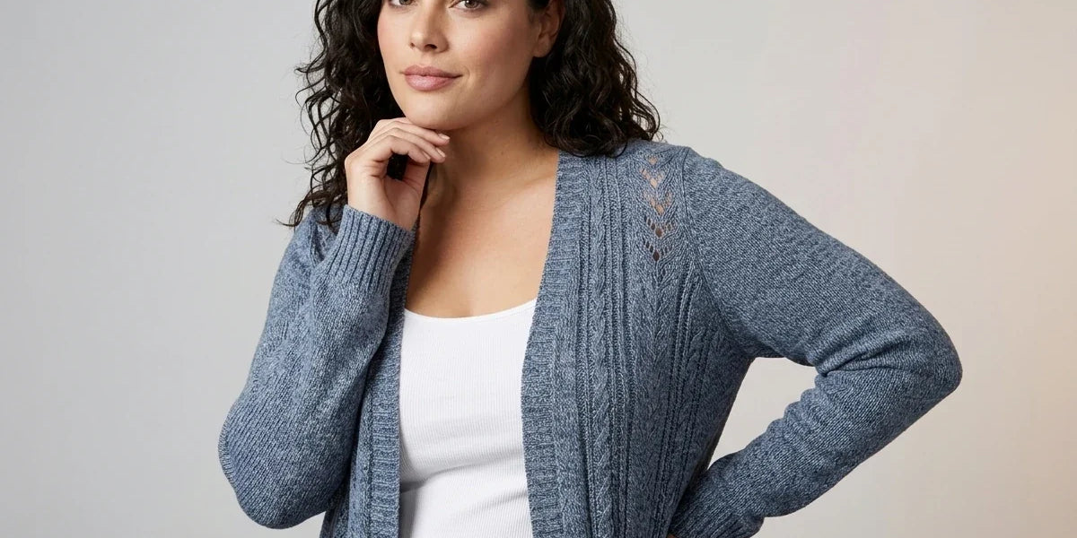 A woman modeling a heathered slate blue open-front cardigan with lace-up detailing on the shoulder, worn over a white tank top and dark jeans against a neutral studio background.