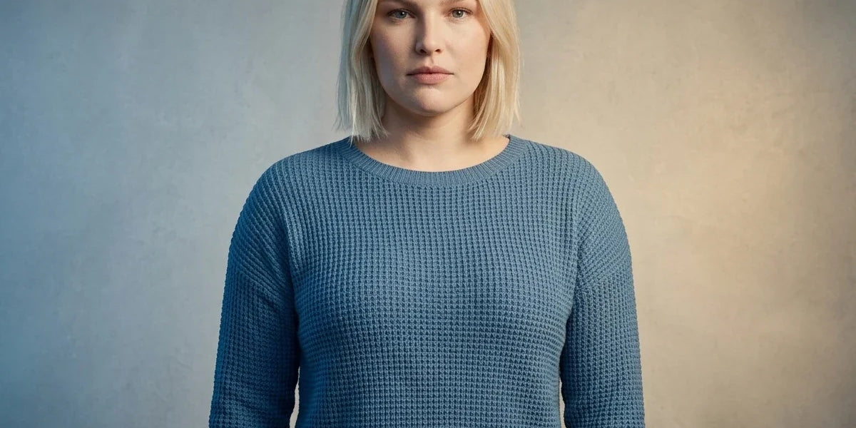 A blonde woman wearing a textured blue long-sleeve knit sweater, standing against a neutral textured gray and beige background.