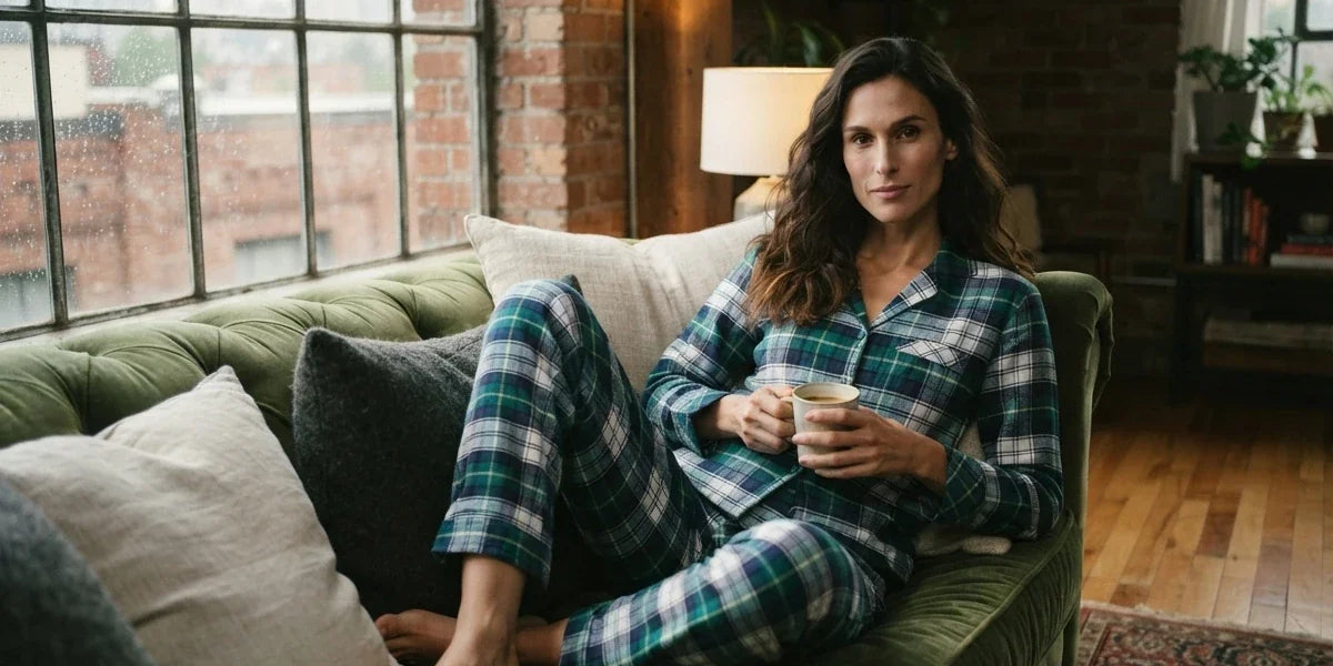 Woman relaxing on a green velvet couch wearing a blue, green, and white plaid pajama set while holding a mug.