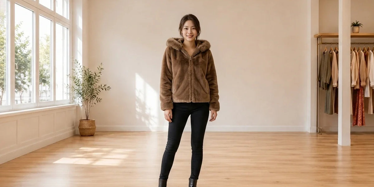 Model wearing Women's Small Clothing Women's Hooded Faux-Fur Jacket in Online Warehouse Sale boutique studio