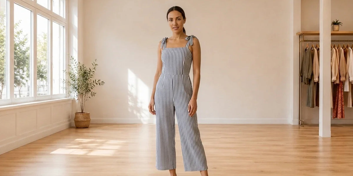 Model wearing Women's Small Jumpsuits and Rompers Women's Striped Tie-Strap Jumpsuit in Online Warehouse Sale boutique studio