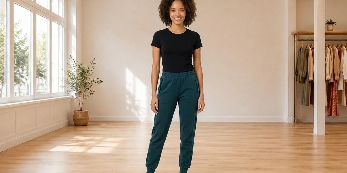 Model wearing Women's Small Pants Women's Sport Velour-Trimmed Fleece Joggers in Online Warehouse Sale boutique studio