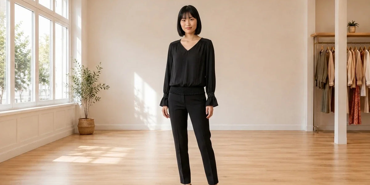 Model wearing Women's Small Shirts and Blouses Women's Smocked-Hem Embellished-Cuff Blouse in Online Warehouse Sale boutique studio