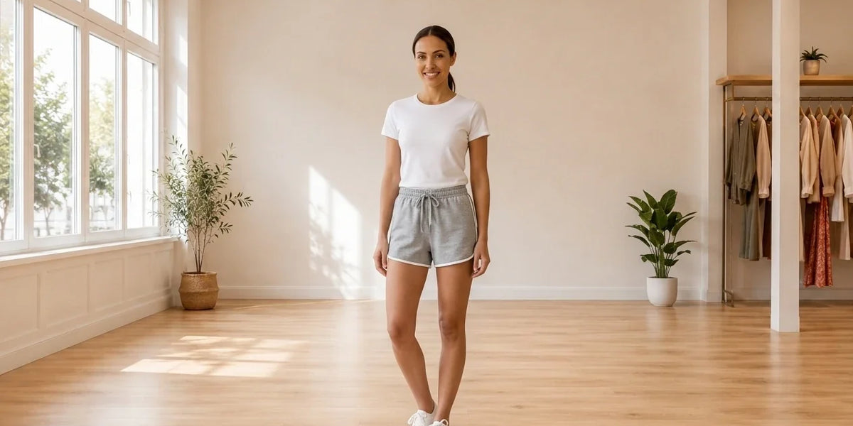 Model wearing Women's Small Shorts Women's Cotton Dolphin-Hem Drawstring Shorts in Online Warehouse Sale boutique studio