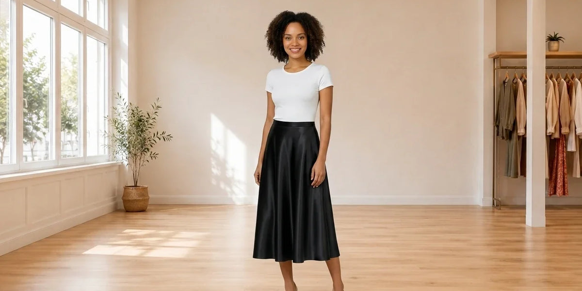 Model wearing Women's Small Skirts Women's Satin Midi Skirt in Online Warehouse Sale boutique studio