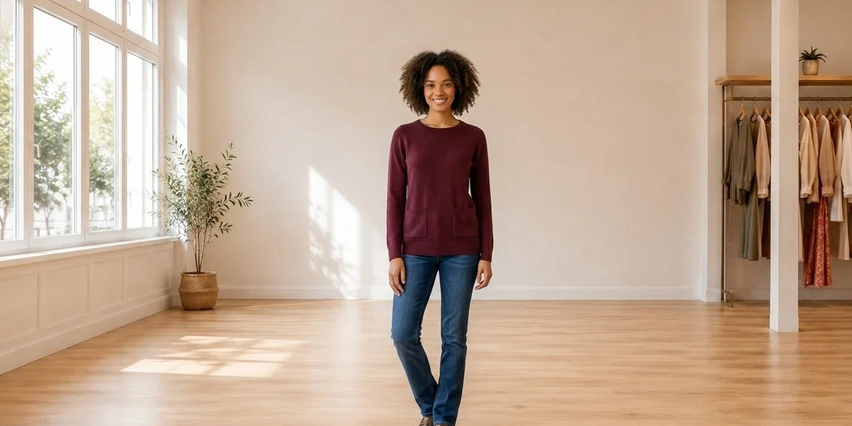 Model wearing Women's Small Sweaters and Cardigans Women's Patch-Pocket Sweater in Online Warehouse Sale boutique studio