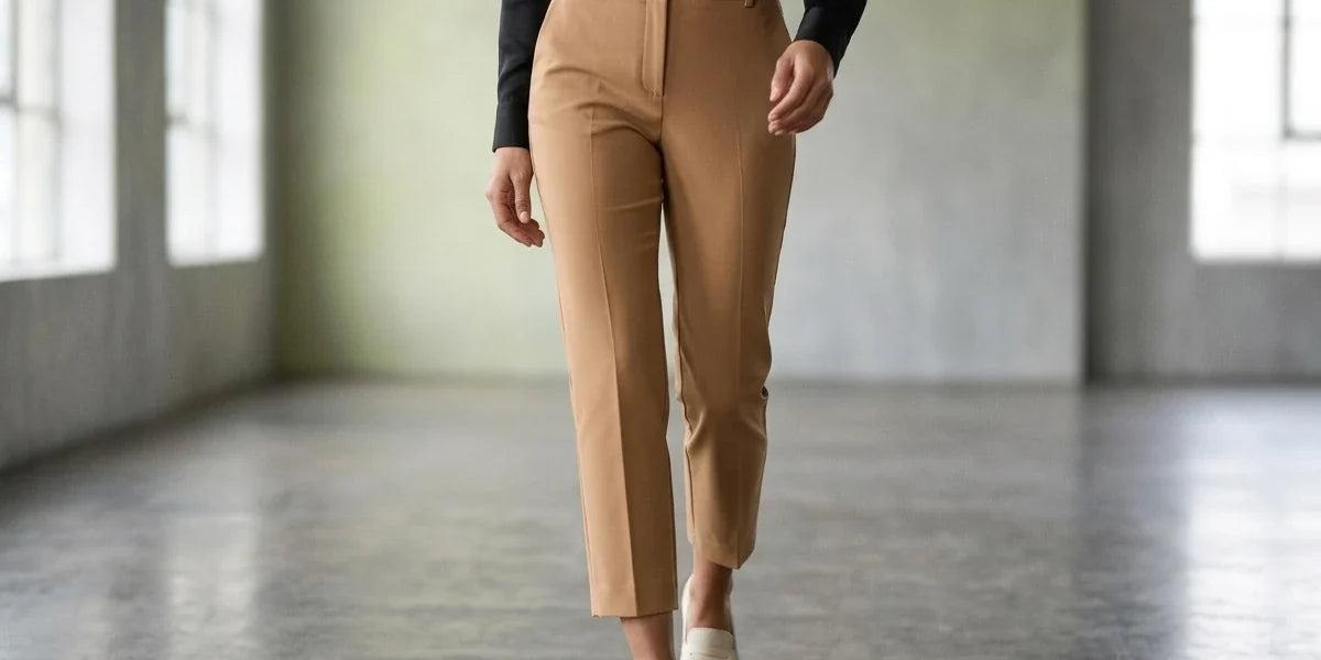 A person walking in a spacious industrial loft wearing high-waisted, straight-leg cropped trousers in camel tan, paired with a black long-sleeve top and white slip-on shoes.