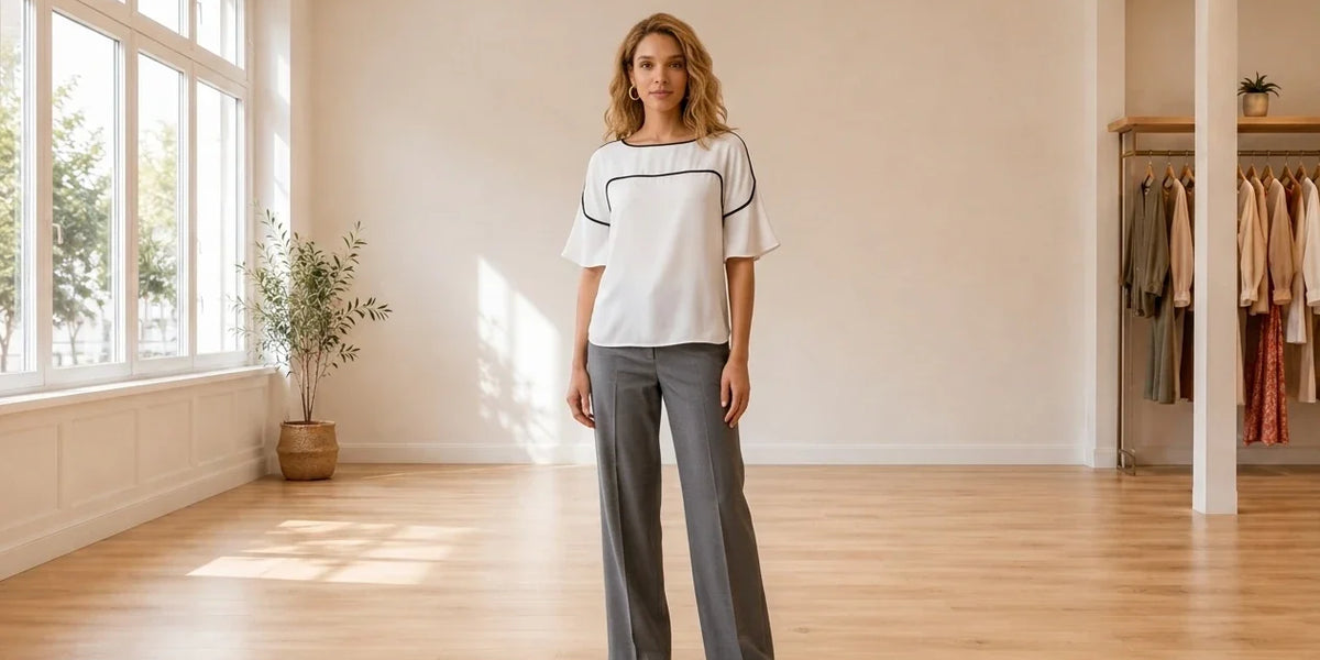 Model wearing Women's X-Large Shirts and Tops Women's Pipe-Trim Blouse in Online Warehouse Sale boutique studio