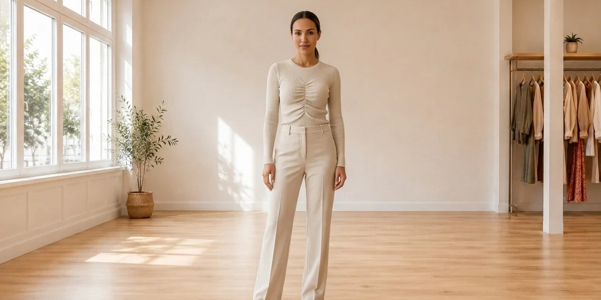 Model wearing Women's X-Small Clothing Women's Ruched Ribbed-Knit Top in Online Warehouse Sale boutique studio