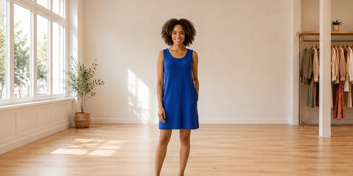 Model wearing Women's X-Small Dresses Women's Sleeveless Knit Dress in Online Warehouse Sale boutique studio