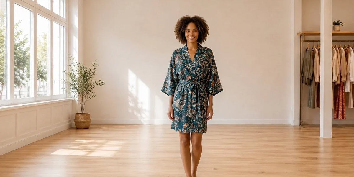 Model wearing Women's X-Small Loungewear and Pajamas Women's Mixed-Print Short Wrap Robe in Online Warehouse Sale boutique studio