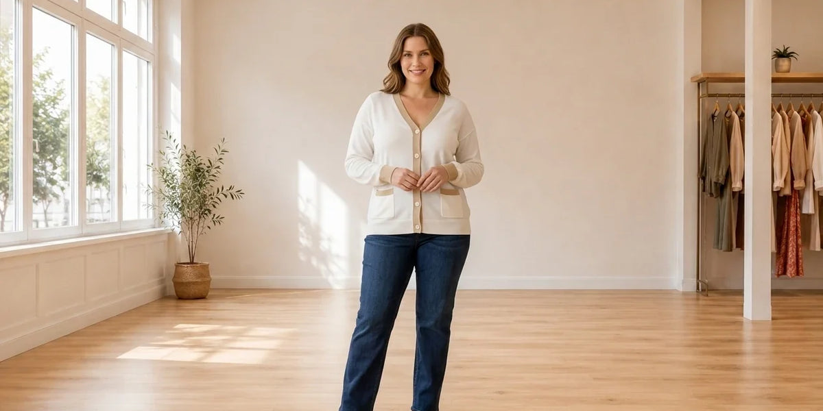Model wearing Women's XX-Large Clothing Women's Colorblocked Button Cardigan in Online Warehouse Sale boutique studio