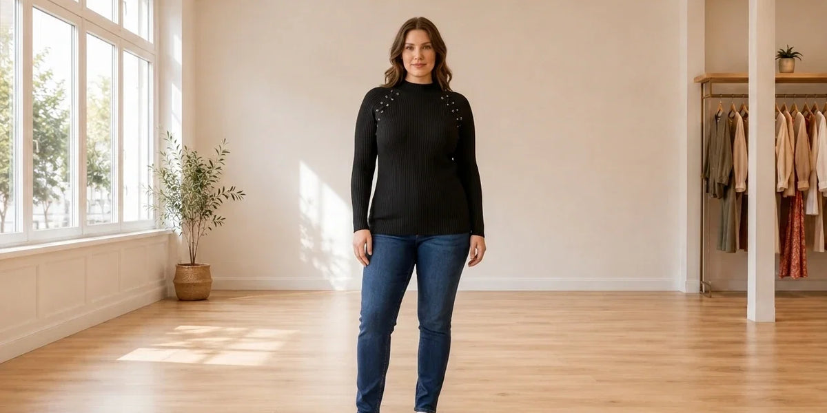 Model wearing Women's XX-Large Sweaters and Cardigans Women's Lace-Up Sweater in Online Warehouse Sale boutique studio