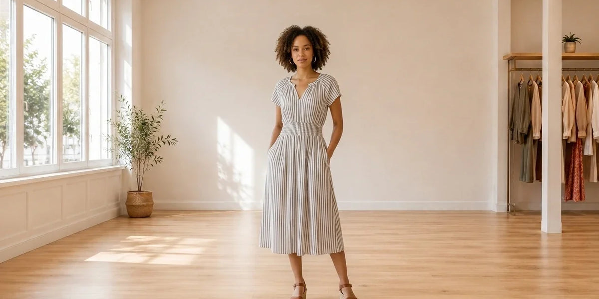 Model wearing Women's XX-Small Clothing Women's Striped Smocked-Waist Dress in Online Warehouse Sale boutique studio