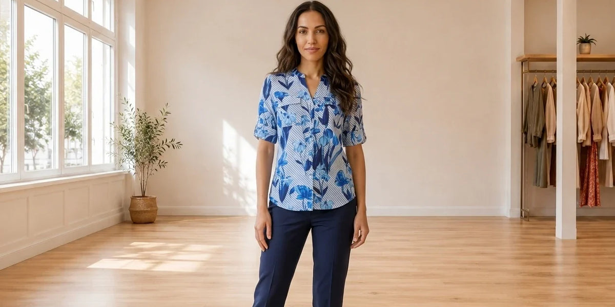 Model wearing Women's XX-Small Shirts and Blouses Women's Printed Roll-Tab Blouse in Online Warehouse Sale boutique studio