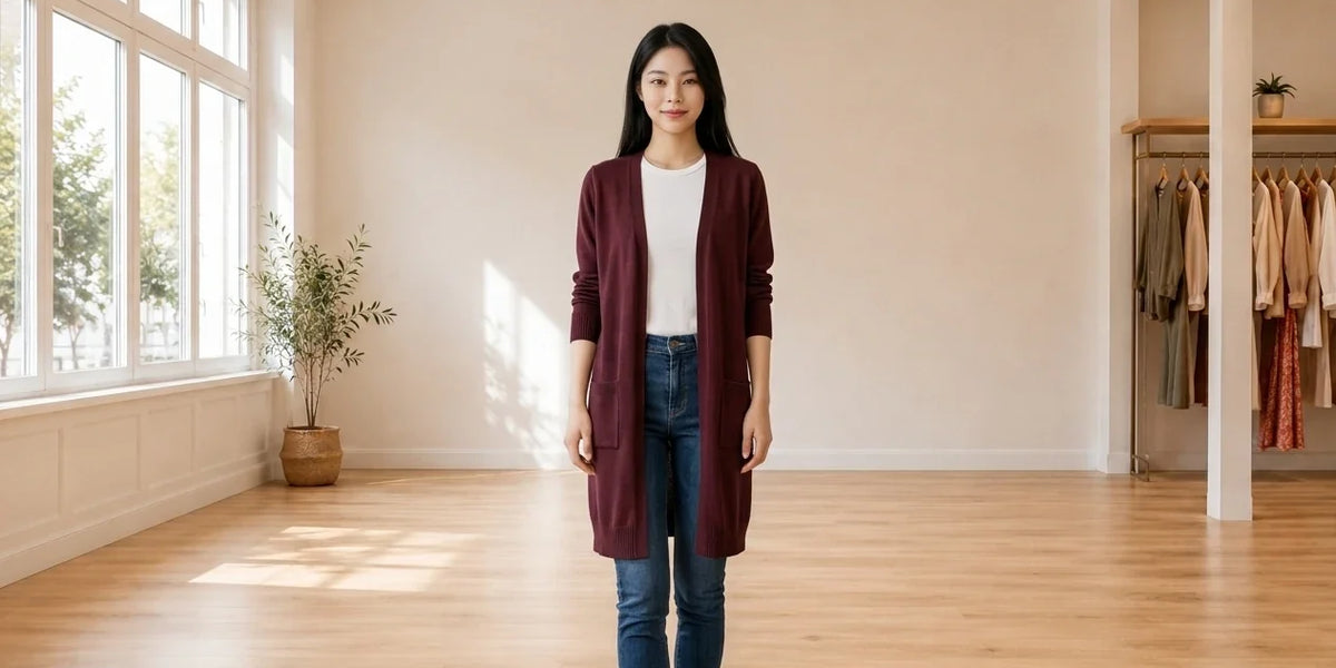 Model wearing Women's XX-Small Sweaters and Cardigans Women's Midi Pocket Cardigan in Online Warehouse Sale boutique studio