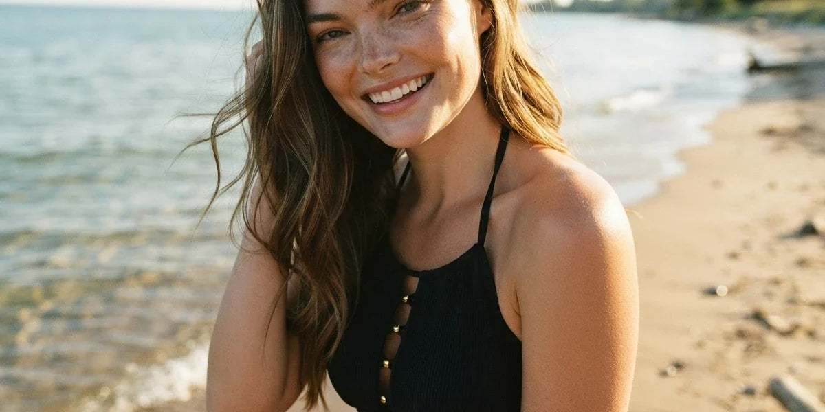 A woman with long brown hair smiling on a sandy beach next to the water, wearing a black halter-neck dress with gold button details.