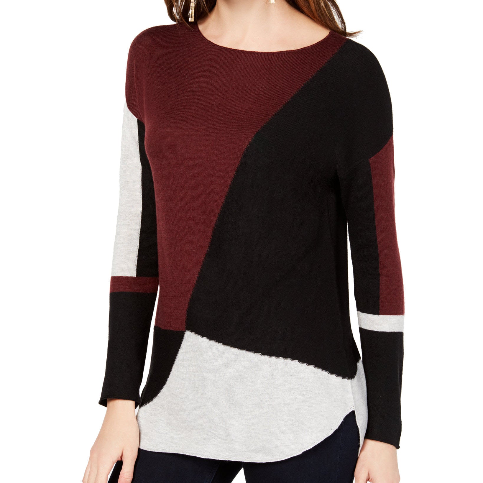 INC International Concepts Women Colorblocked Shirttail Sweater Port
