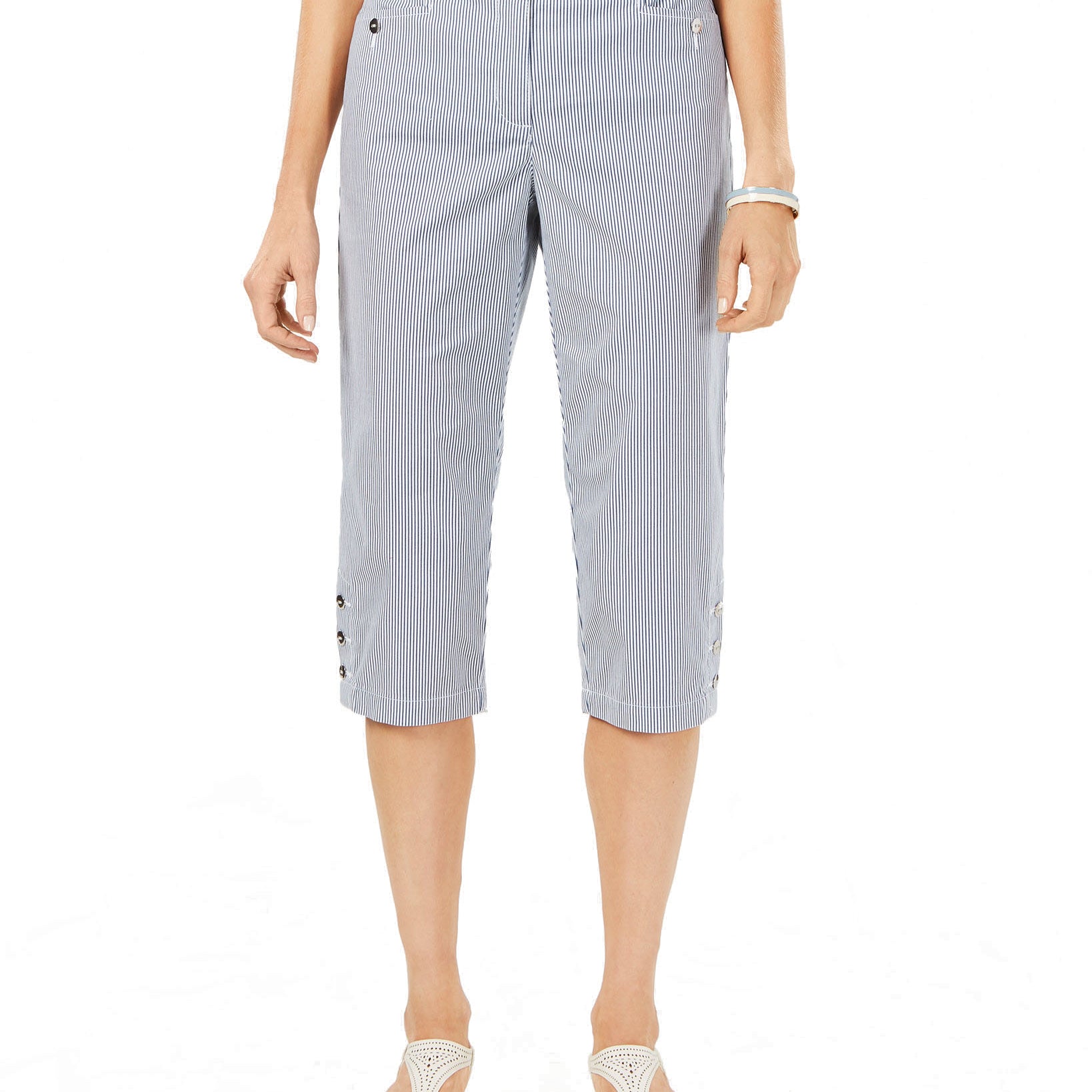 Karen Scott Womens Petite Corded Striped Button Hem Capri Pants Chambray Stripe