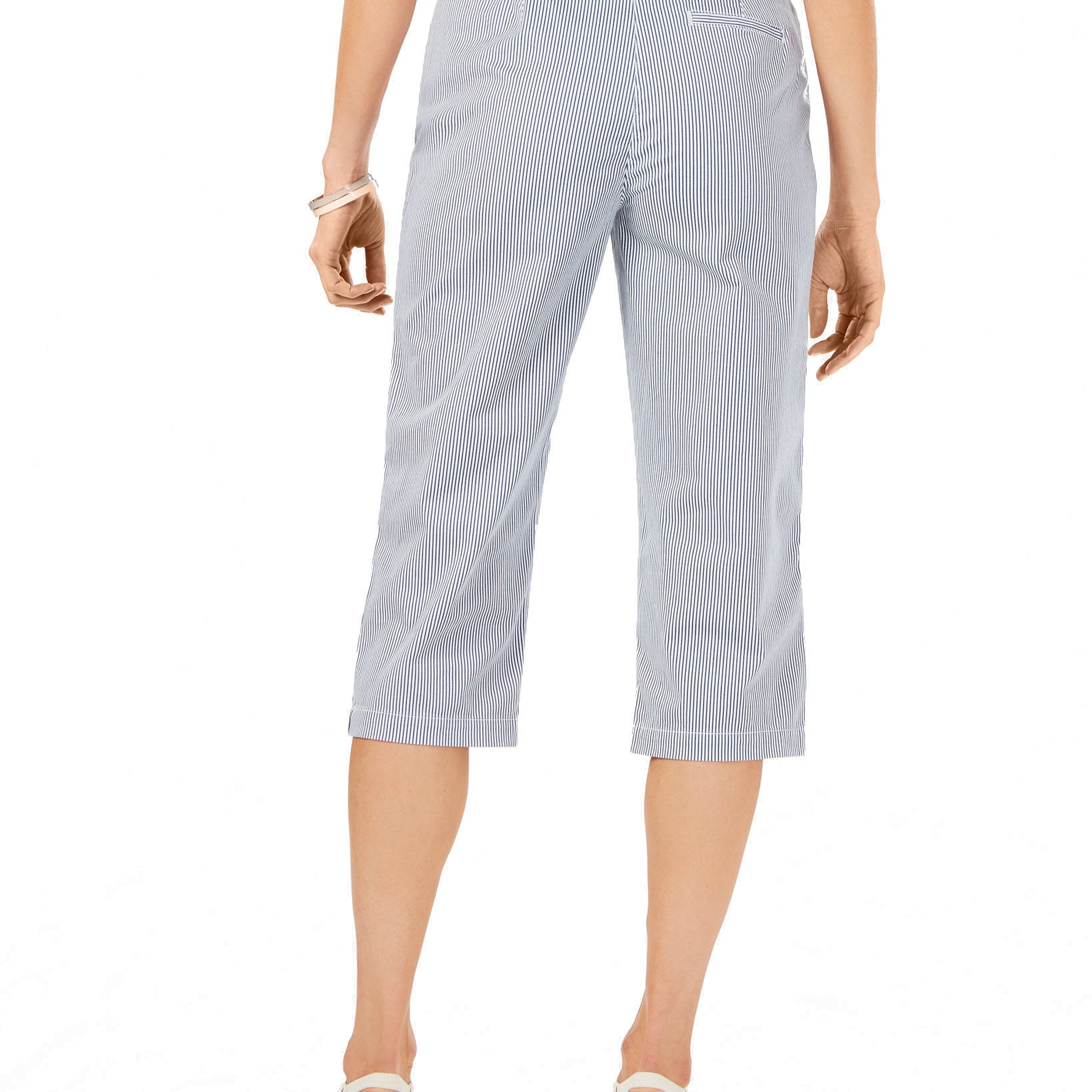 Karen Scott Womens Petite Corded Striped Button Hem Capri Pants