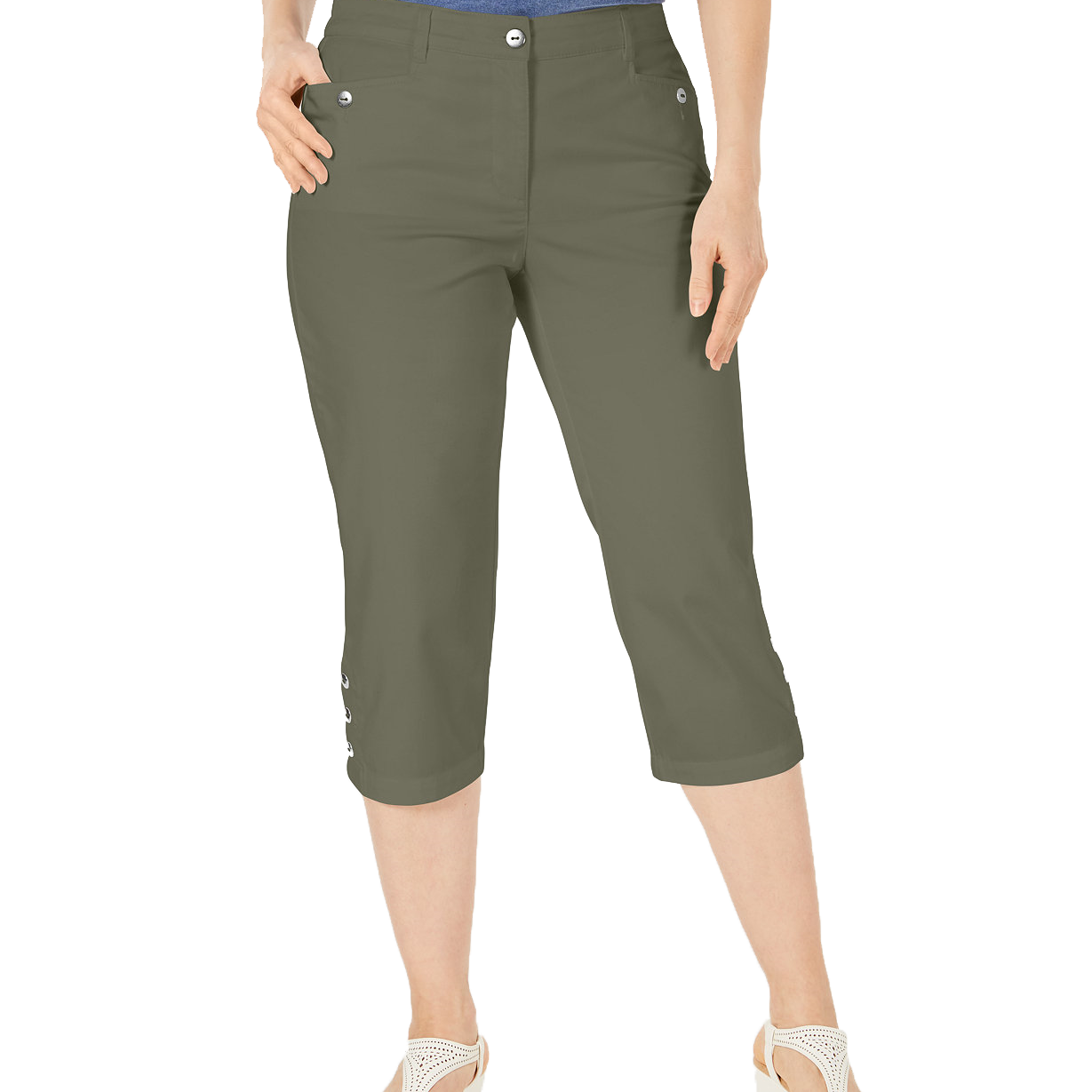 Karen Scott Women Button Hem Capri Pants Olive Sprig
