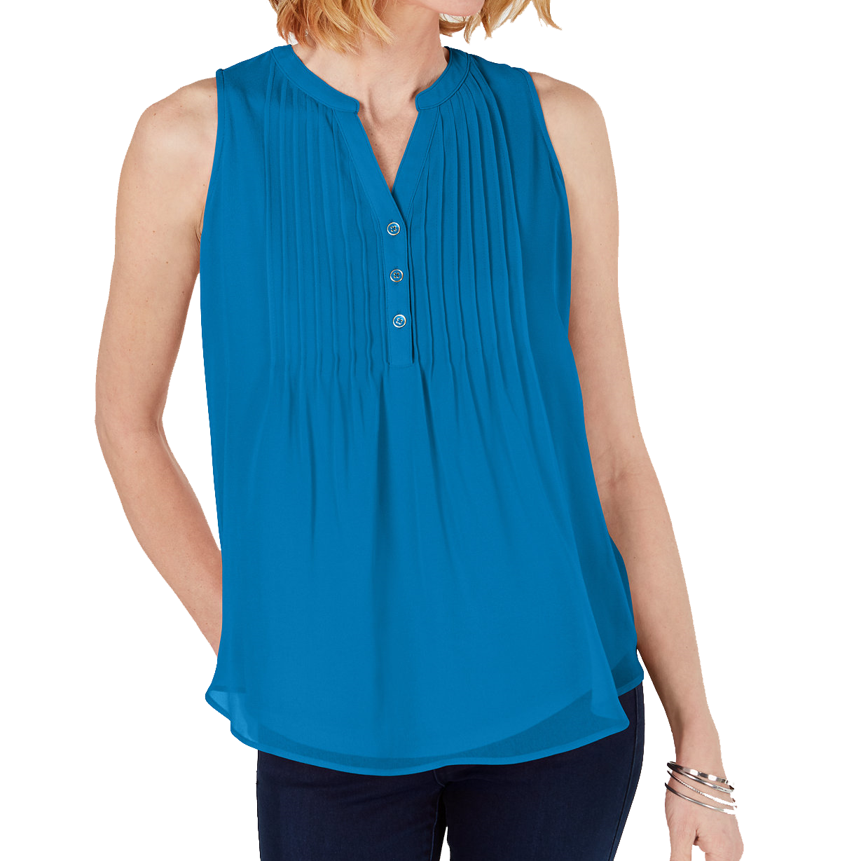 Charter Club Women Sleeveless Pintuck Blouse Turquoise Seas