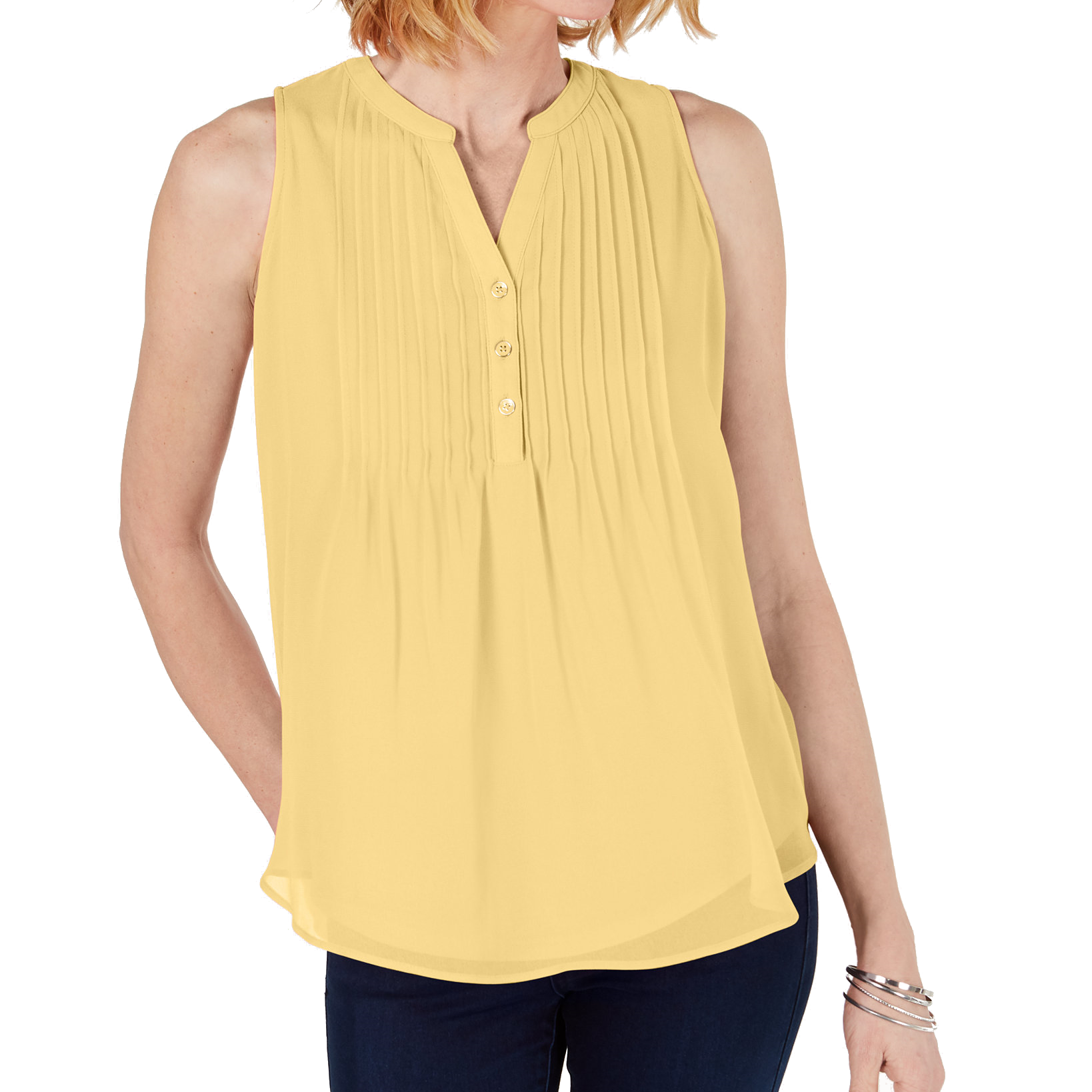 Charter Club Women Sleeveless Pintuck Blouse Citron Aura