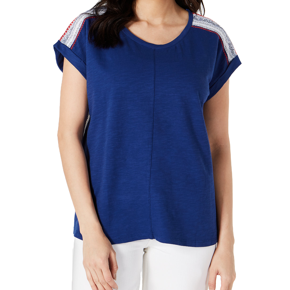 Style & Co Women Mixed Media Scoop Neck Top Americana Stripe