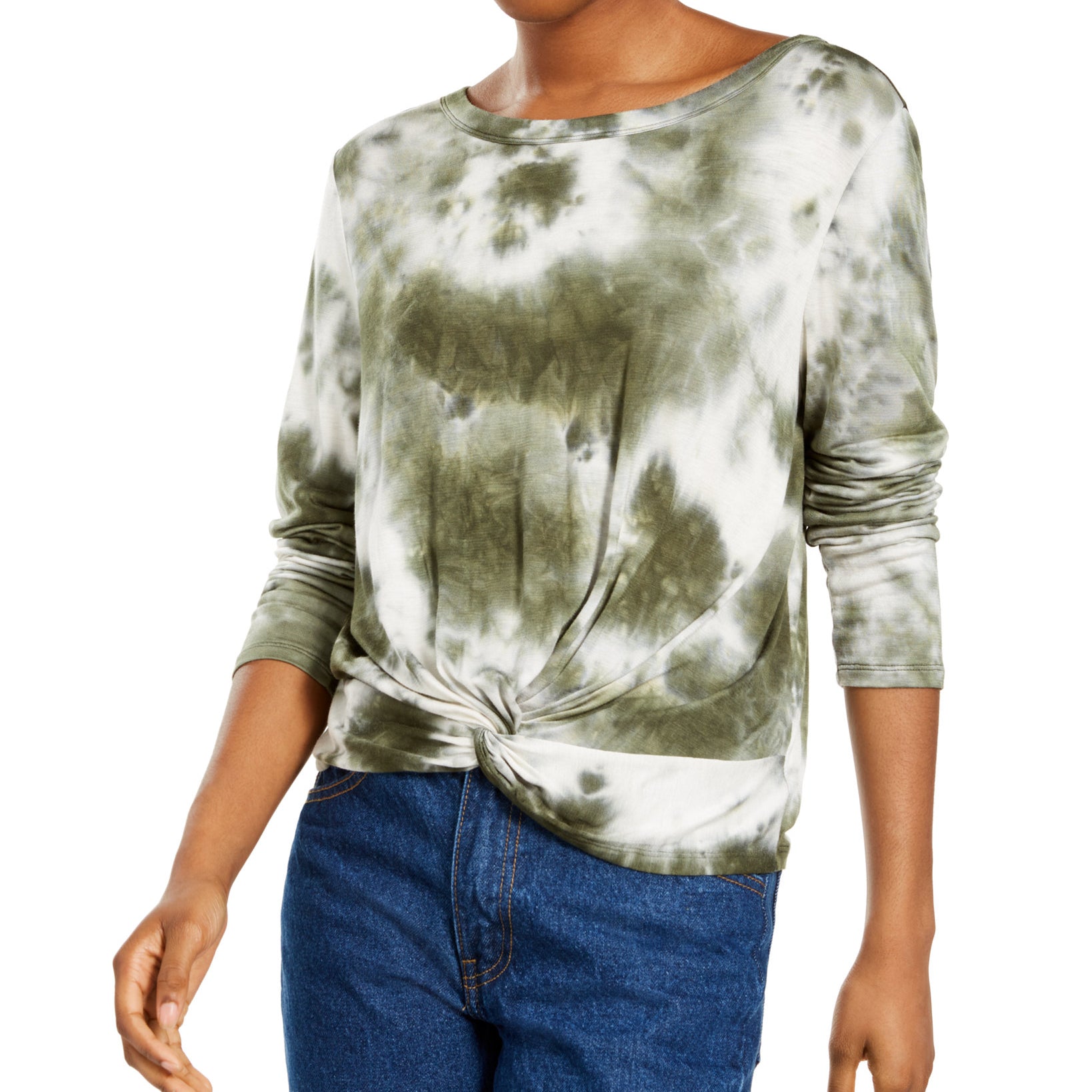 Hooked Up by IOT Women Tie Dye Twist Front Top Olive