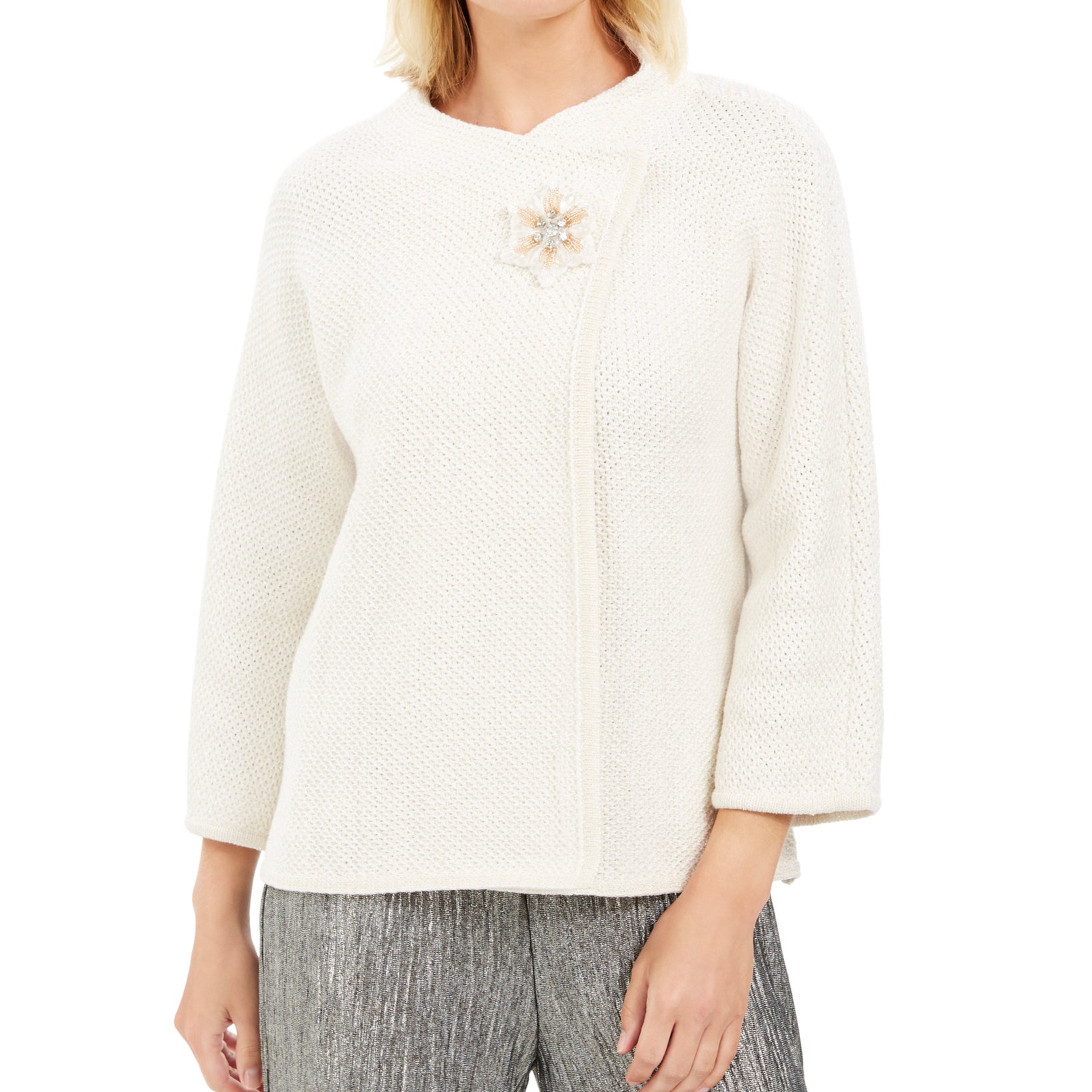 JM Collection Women Holiday Party Metallic Textured Brooch Sweater Jacket Eggshell