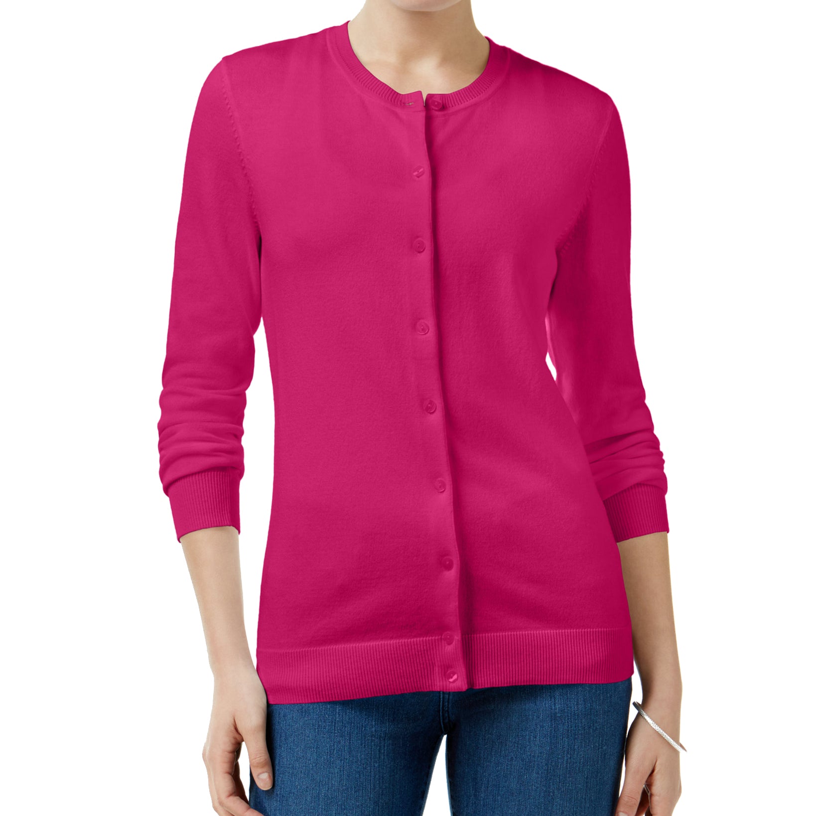 Karen Scott Women Crew Neck Cardigan Pink Peacock
