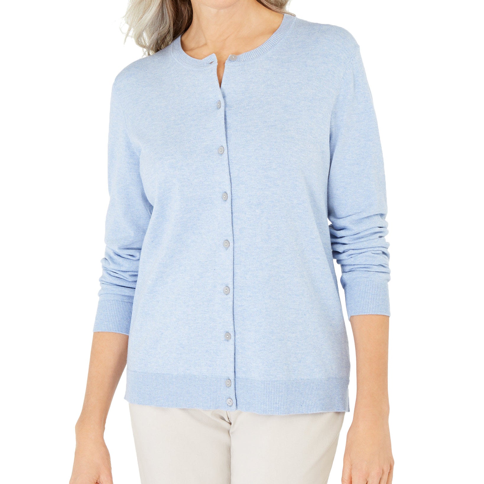 Karen Scott Women Crew Neck Cardigan Light Blue Heather