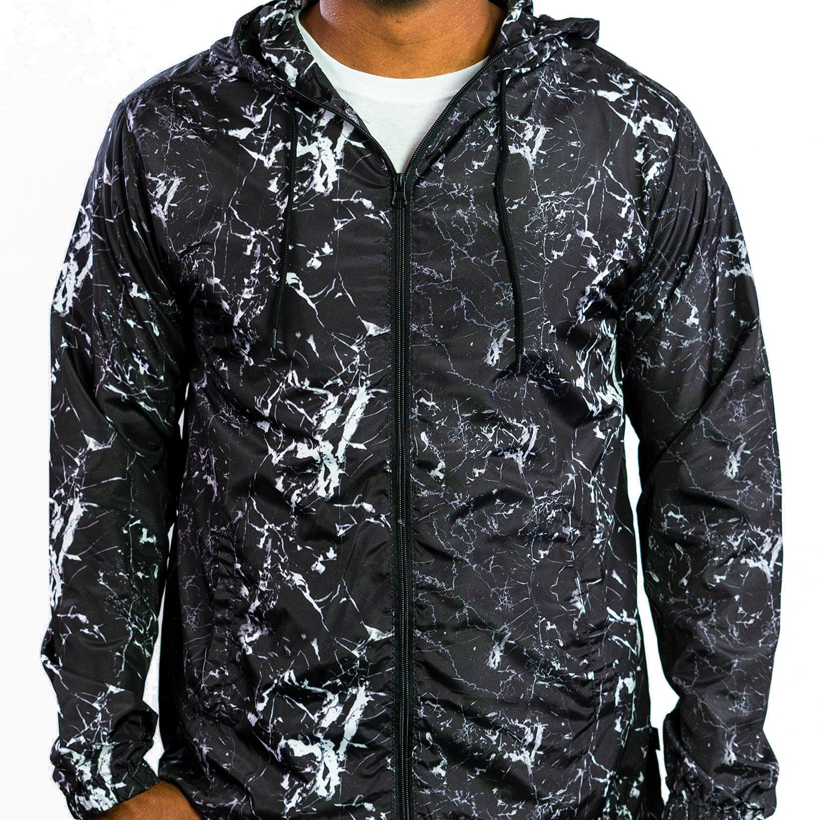 BEAUTIFUL GIANT Men Hooded Lightweight Windbreaker Black Marbelized
