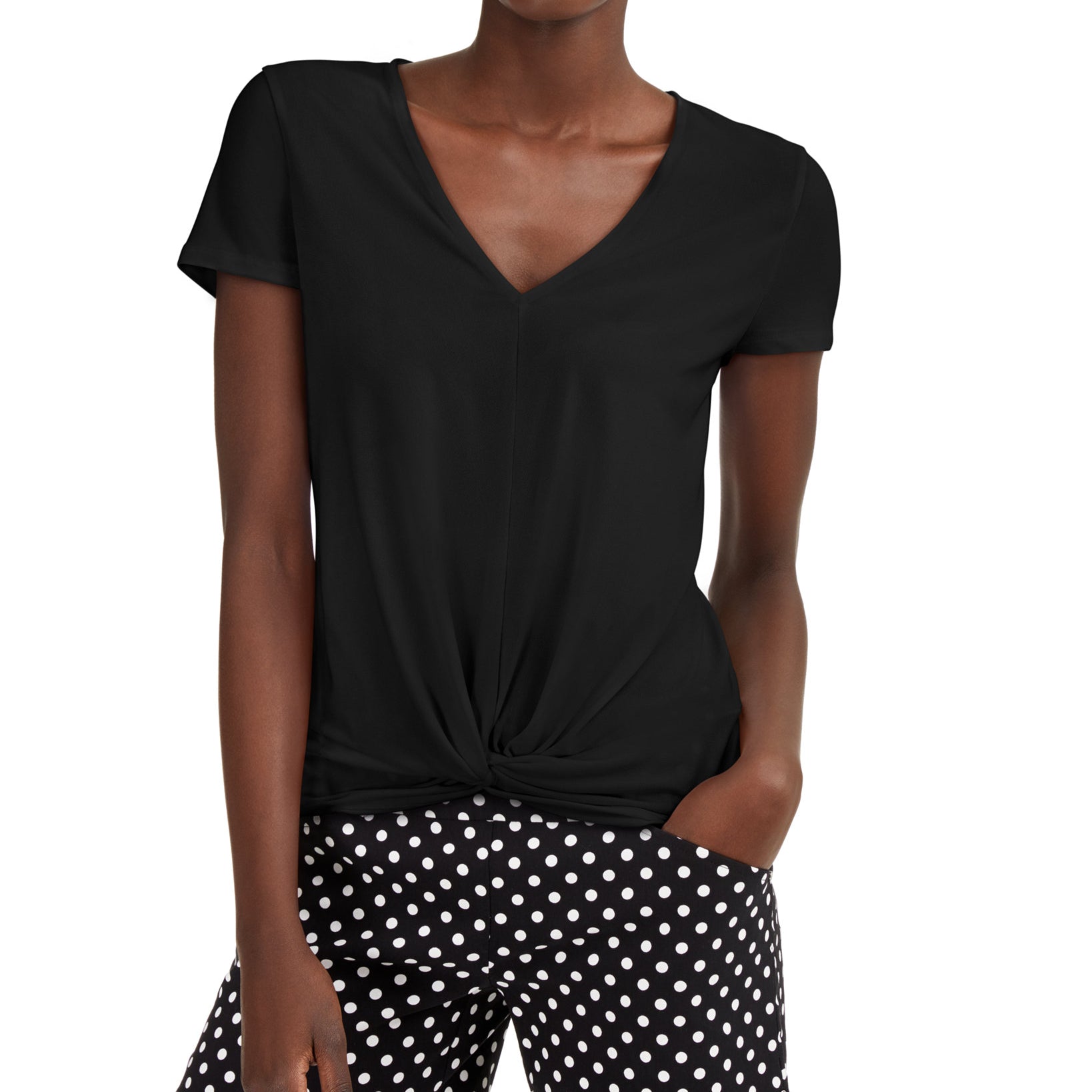 INC International Concepts Women Twist Front T Shirt Deep Black