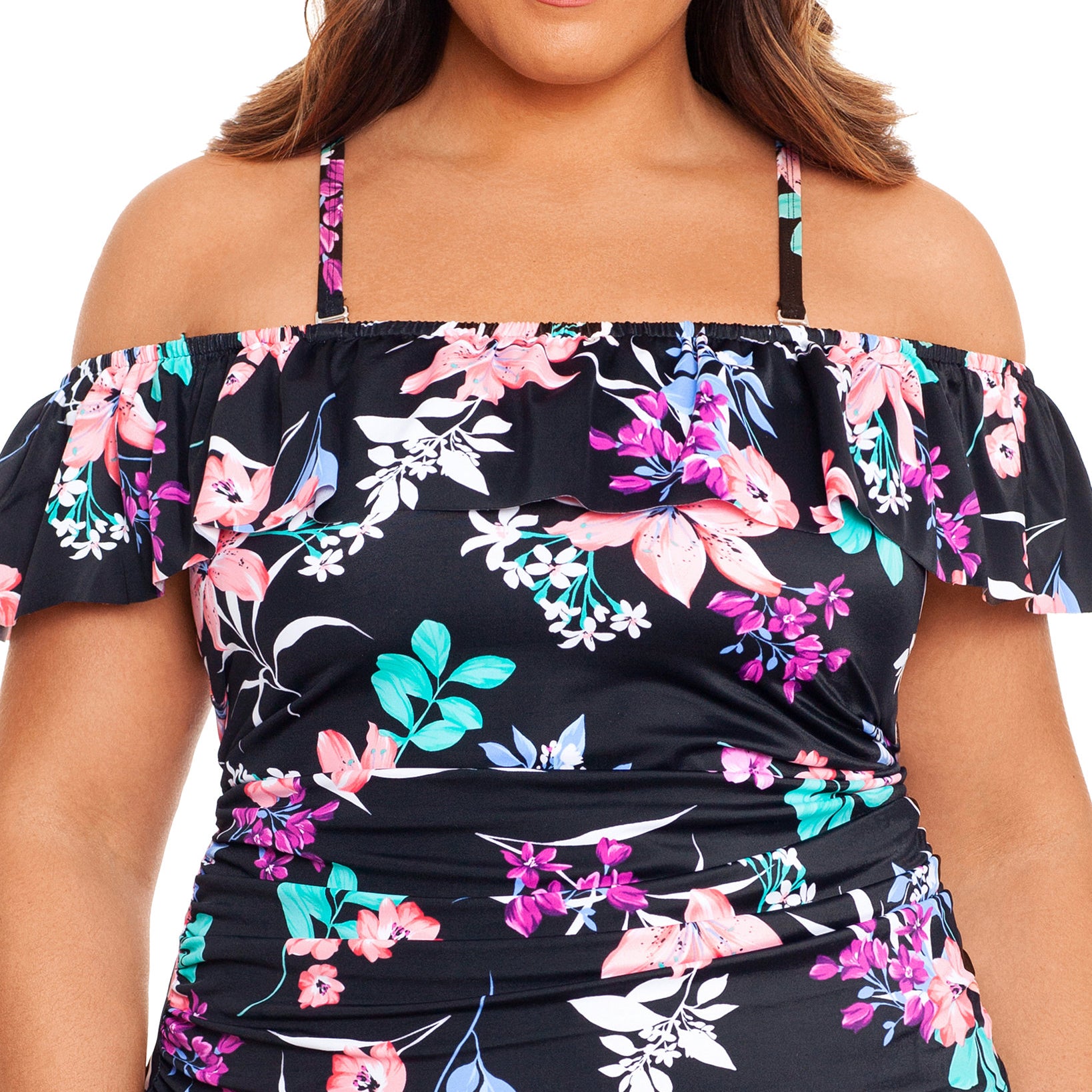 Swim Solutions Women Plus Printed Ruffled Off The Shoulder Tankini Top