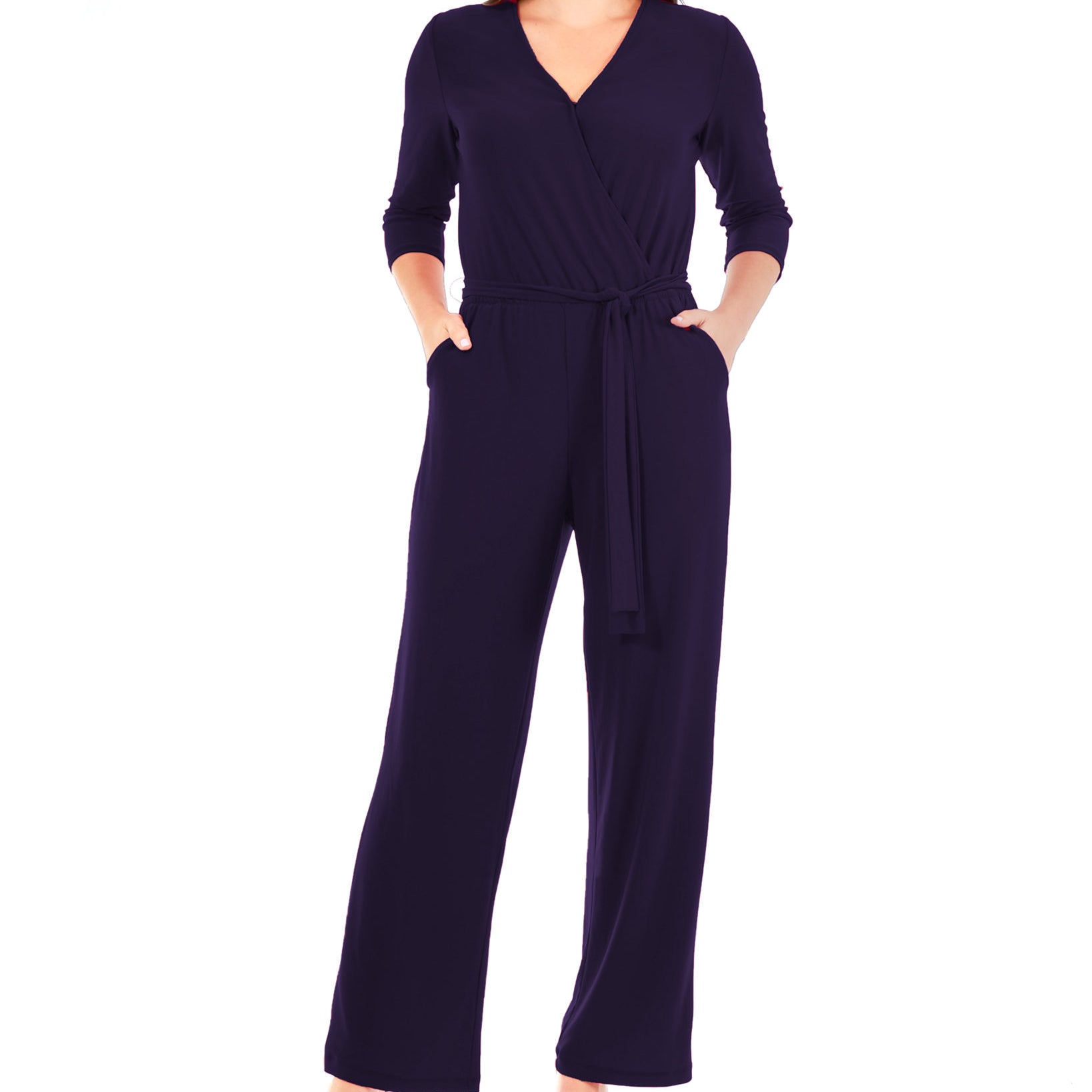 NY Collection Womens Petite Size Belted Jumpsuit Navy