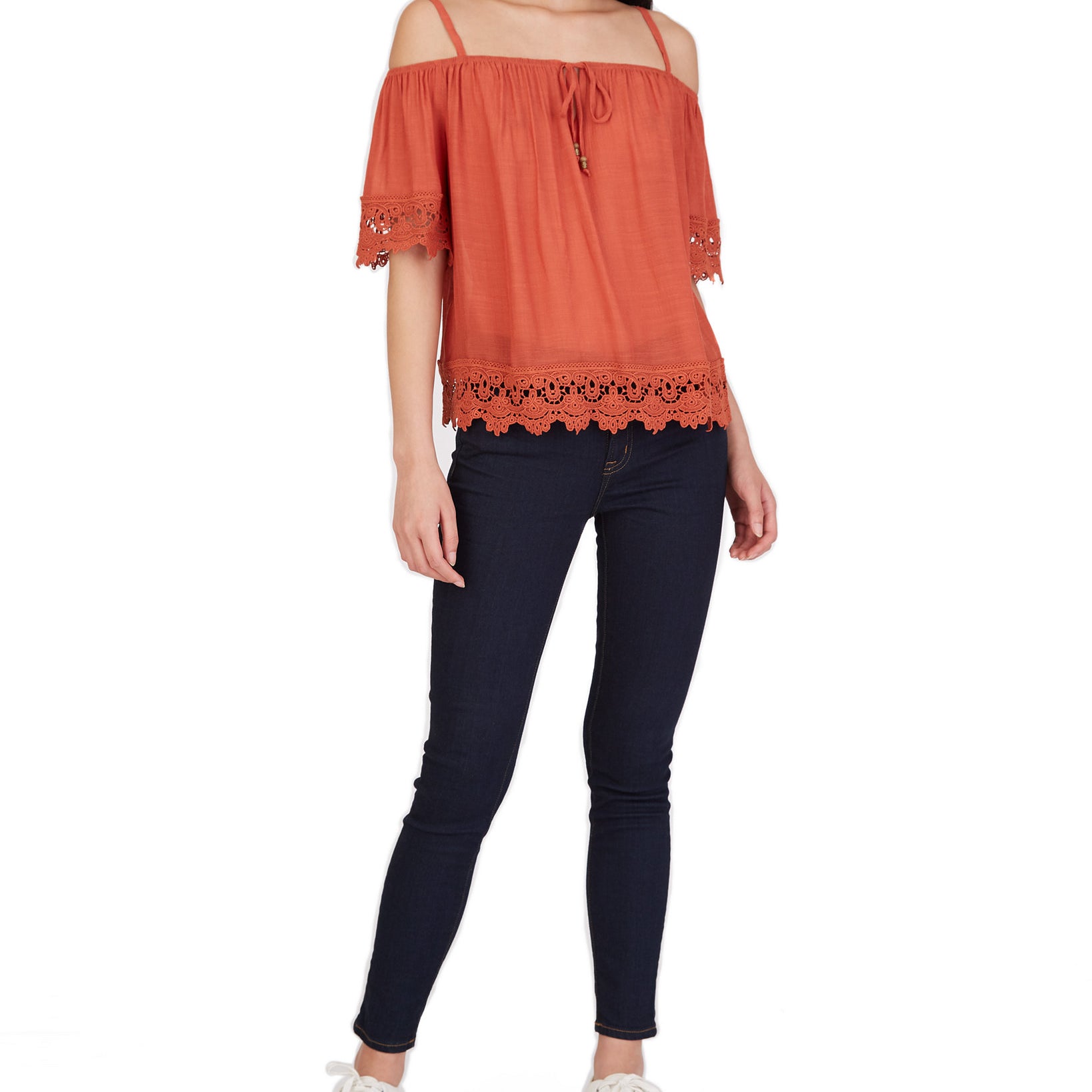BCX Women Crochet Trim Cold Shoulder Top