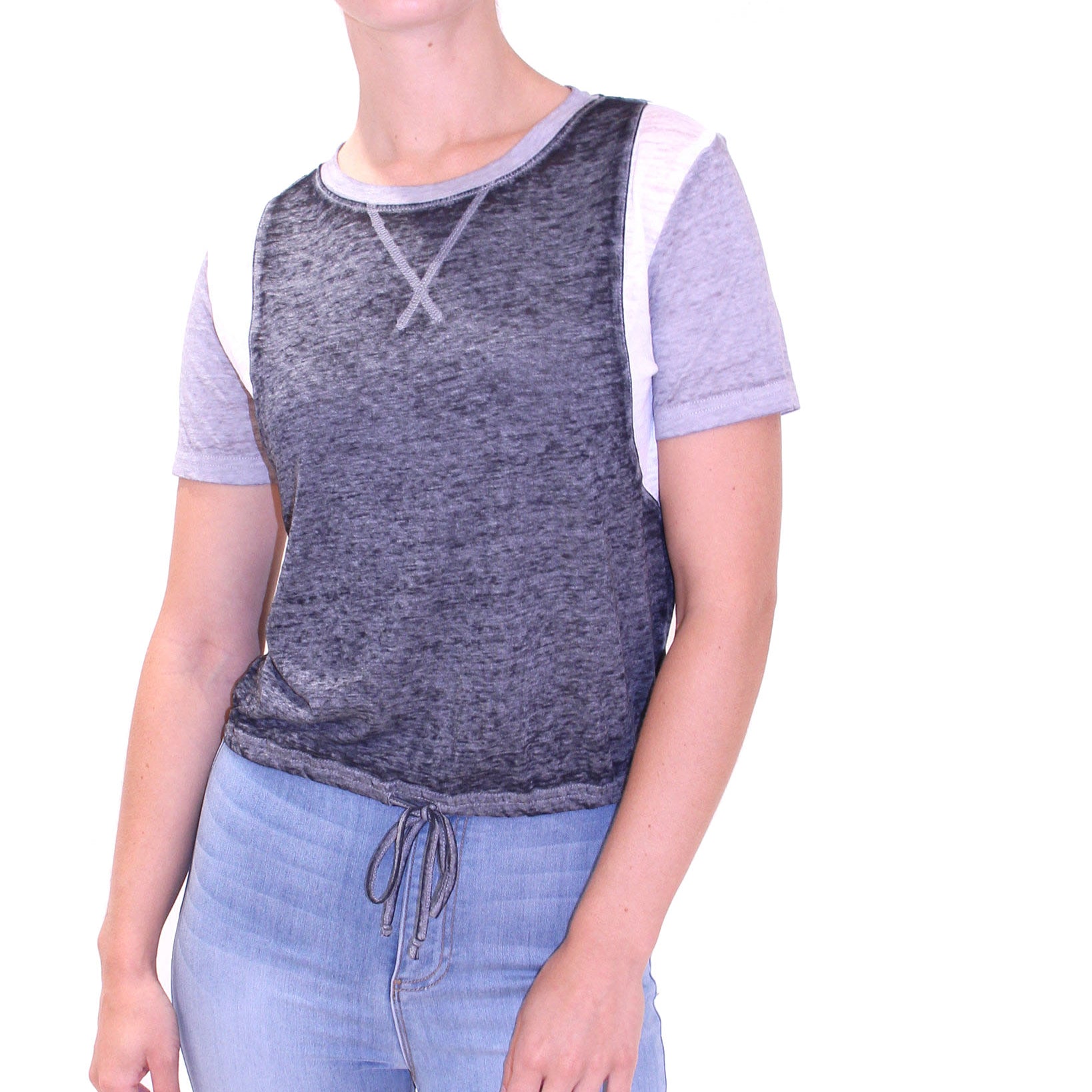 Crave Fame Womens Tie Waist Burn Out Top Ash Grey